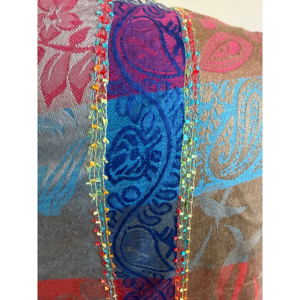 Pashmina Silk Blend Patchwork Paisley Scarf Shawl Wrap Blue Orange Pink Fringe - Picture 6 of 6